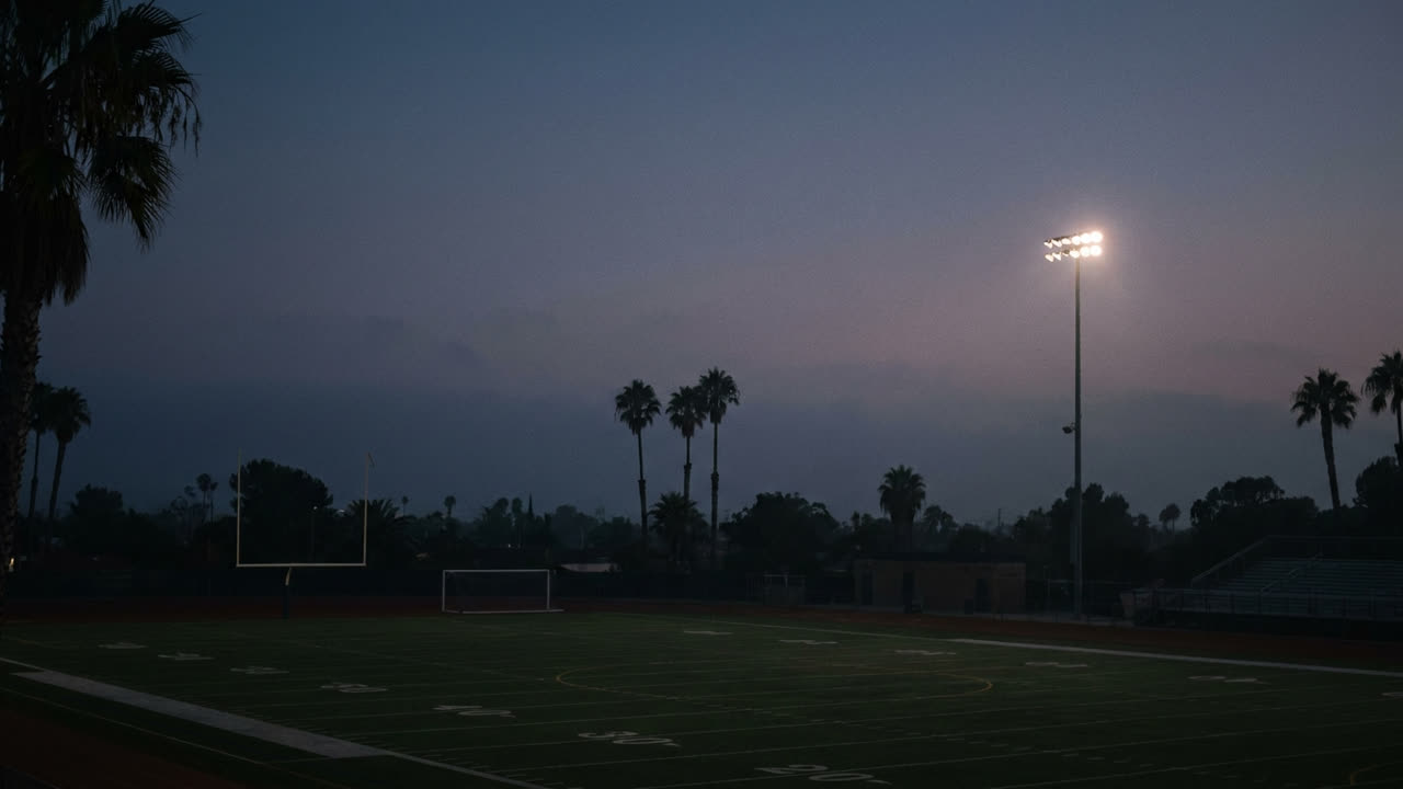 Still from The Ledger: stadium lights over an empty field at dusk