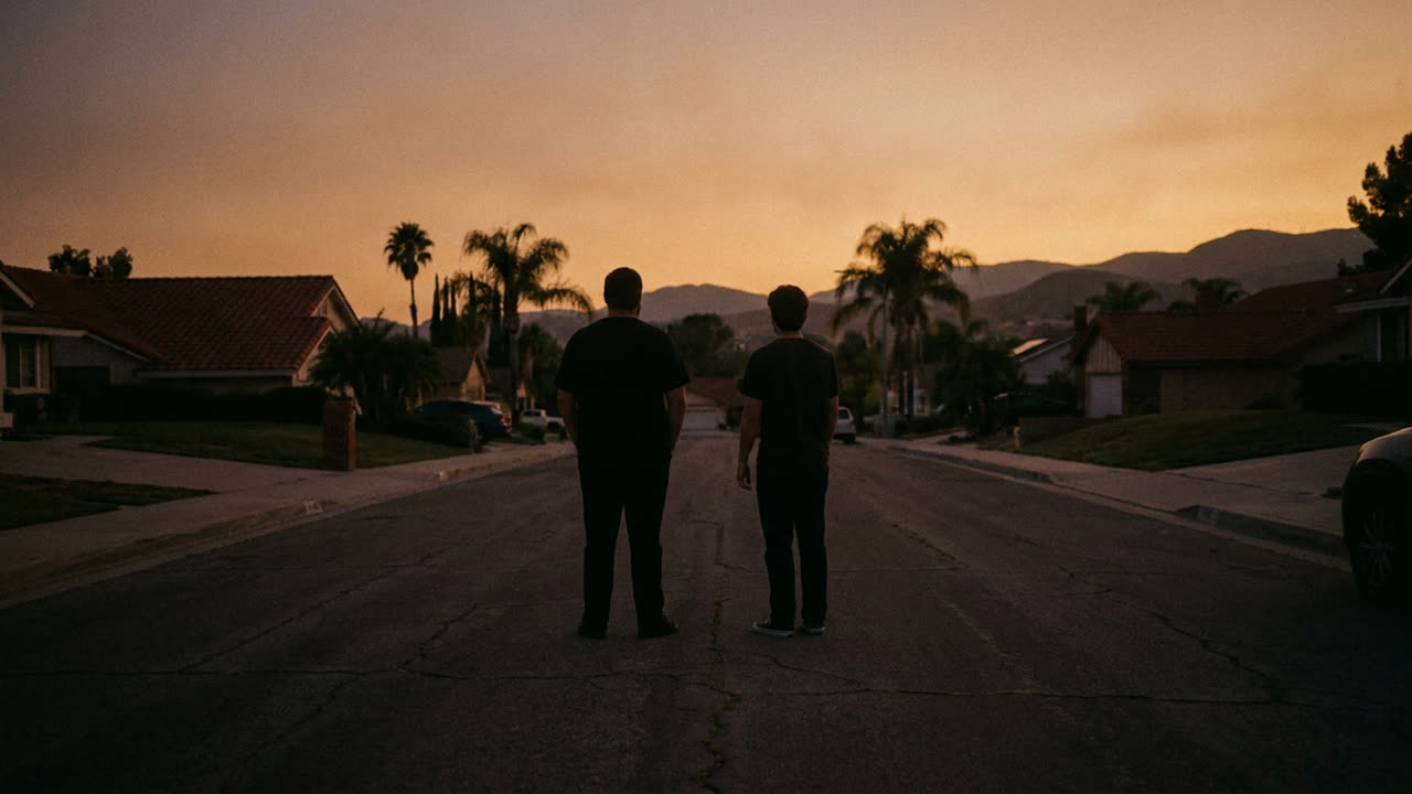 Still from The Apology You Still Owe: a man and his son standing in a suburban street at dusk