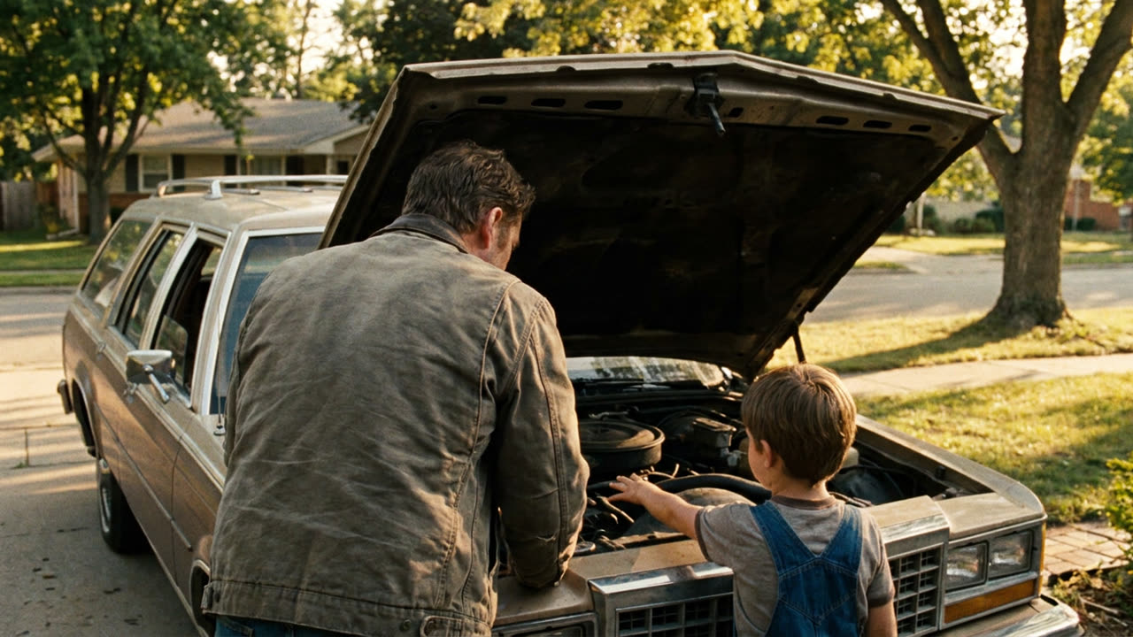Still from The Thing You Said You Don't Remember: a father and young son working under the hood of a car