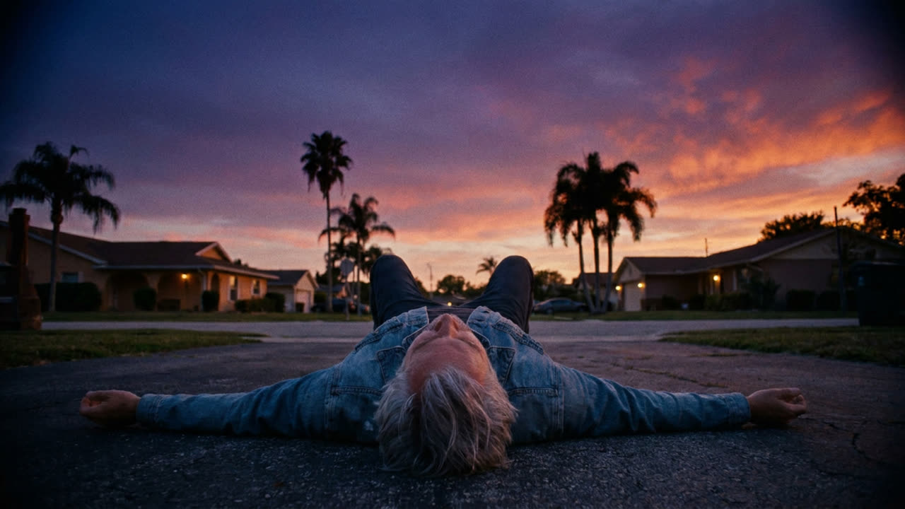 Still from You're Made for This: a man lying on a driveway looking up at a twilight sky
