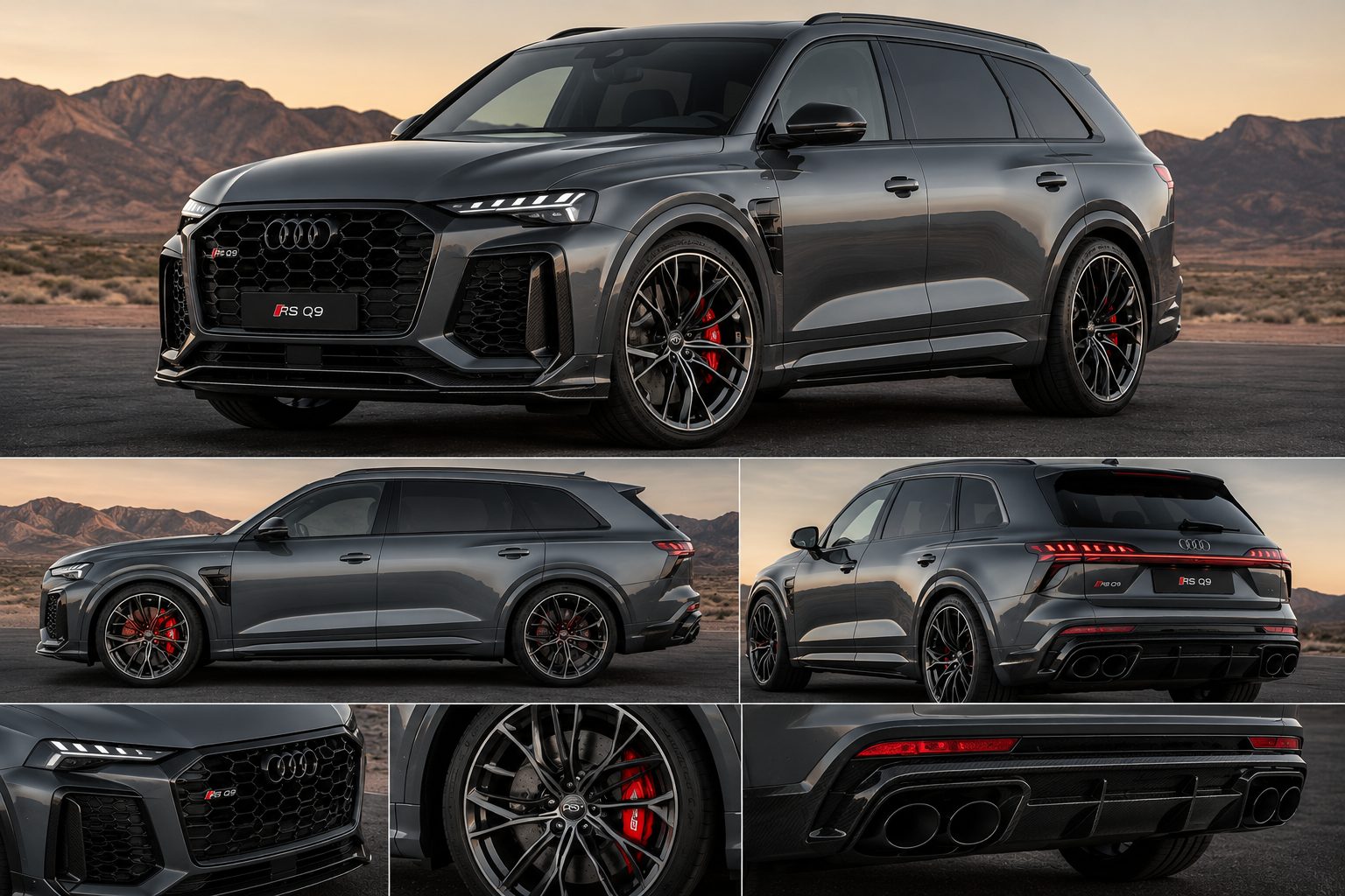 RS Q9 concept render showing aggressive honeycomb grille, wide fender flares, red Brembo calipers, quad exhaust exits, dark gray exterior