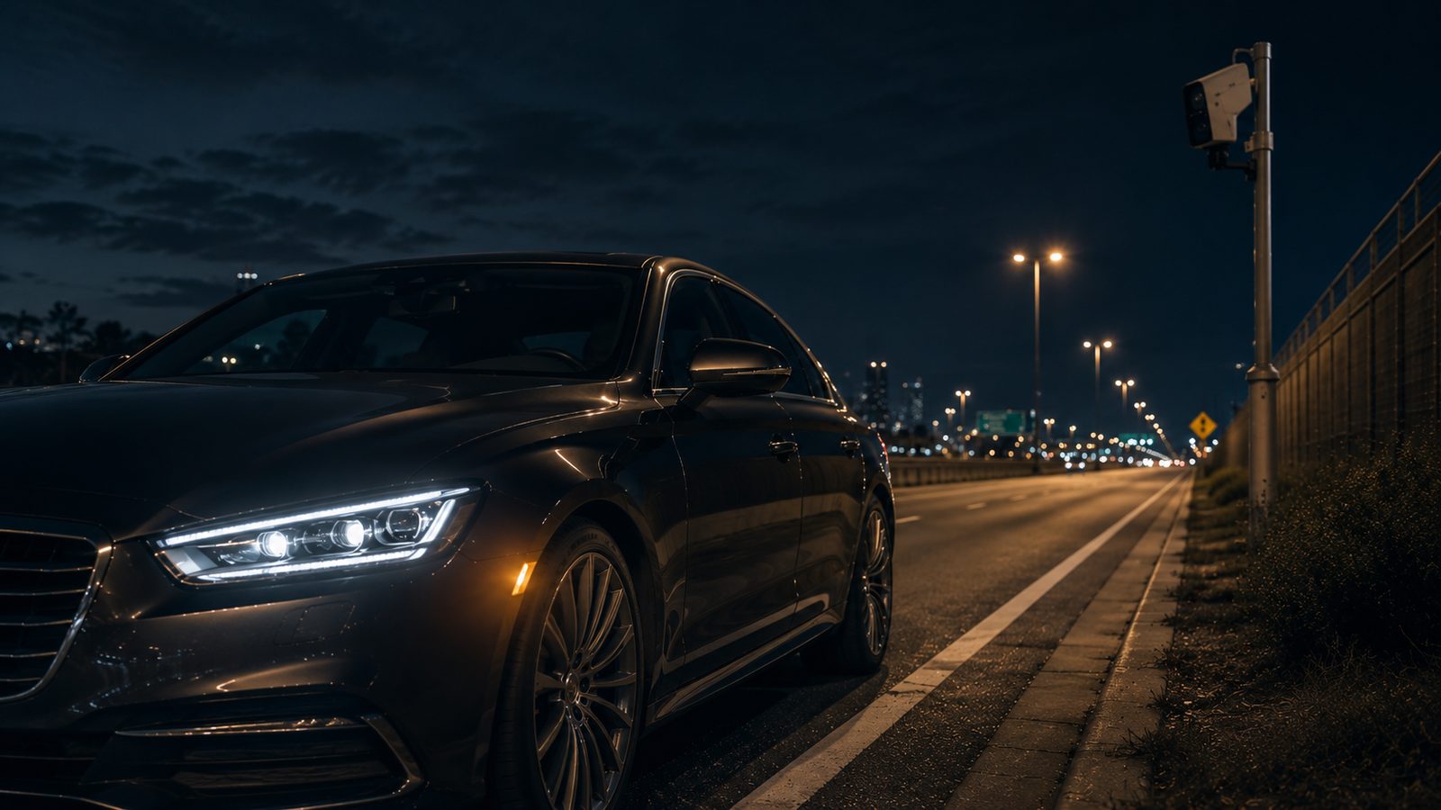 Modern sedan on a nighttime highway with a Flock Safety-style license plate reader camera on a pole in the background