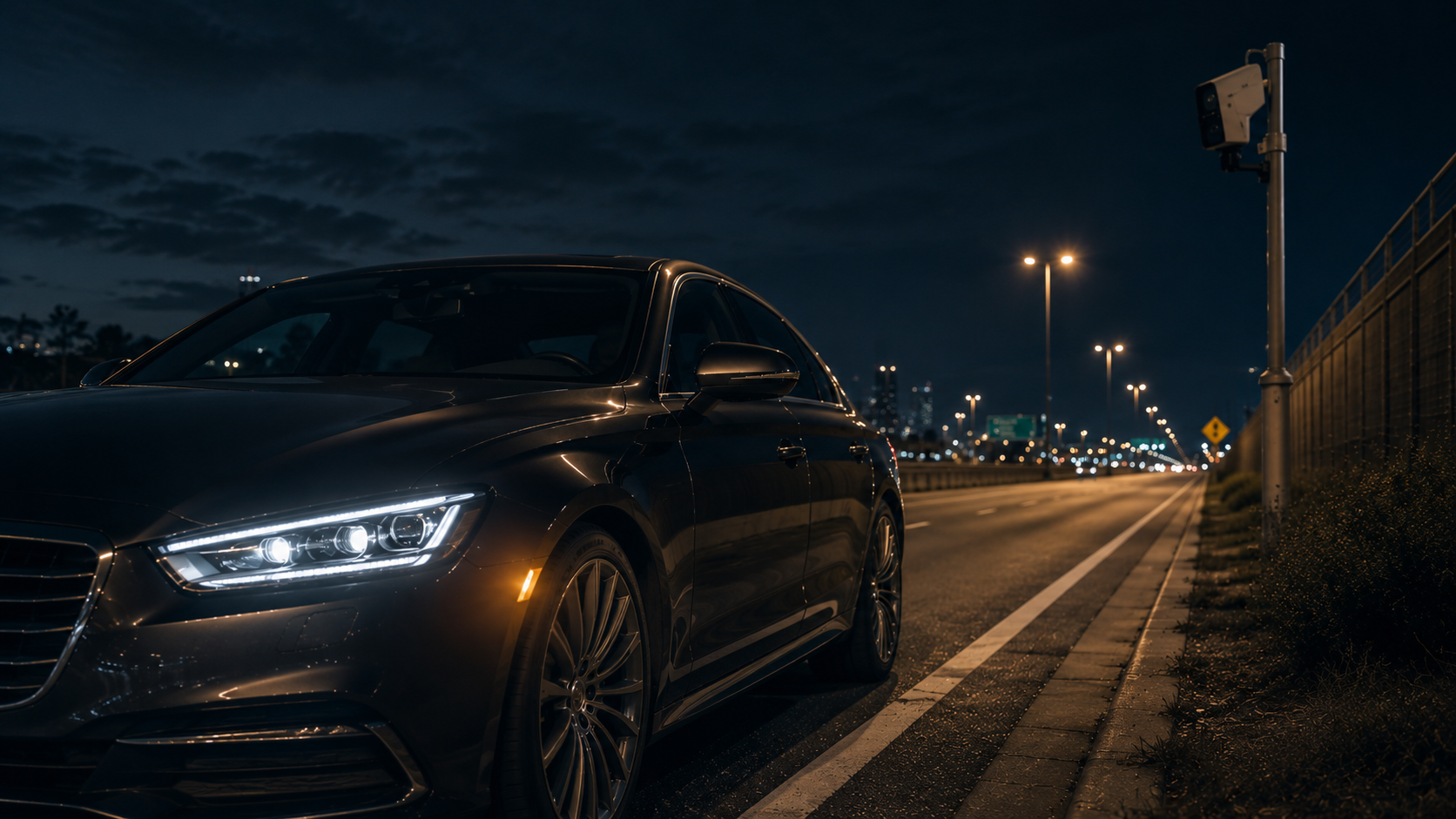 Modern sedan on a nighttime highway with a Flock Safety-style license plate reader camera on a pole in the background