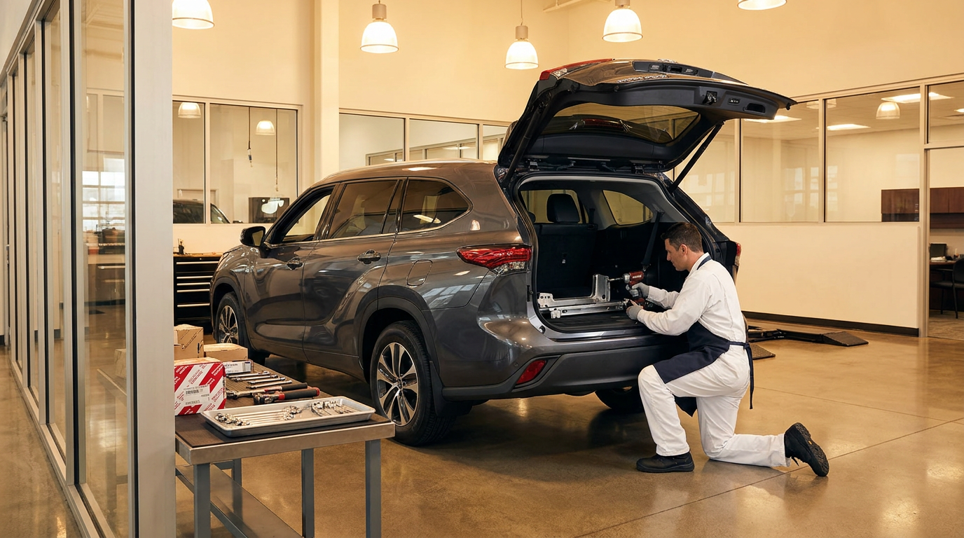 Toyota vehicles at a dealership service bay